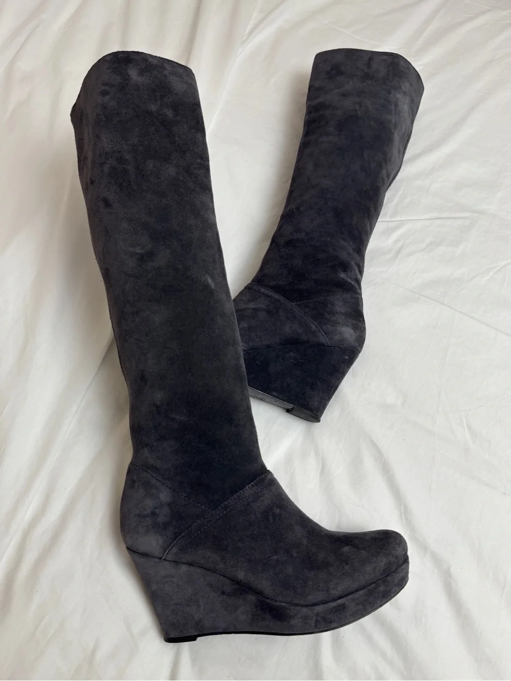 DVF Diane Von Furstenberg Grayish Blue Suede Wedge Knee High Boots Size 7.5 Plat